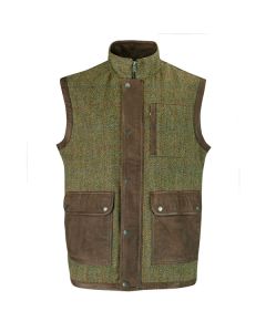 Leather/Harris Tweed Mens Gilet Brown/Green